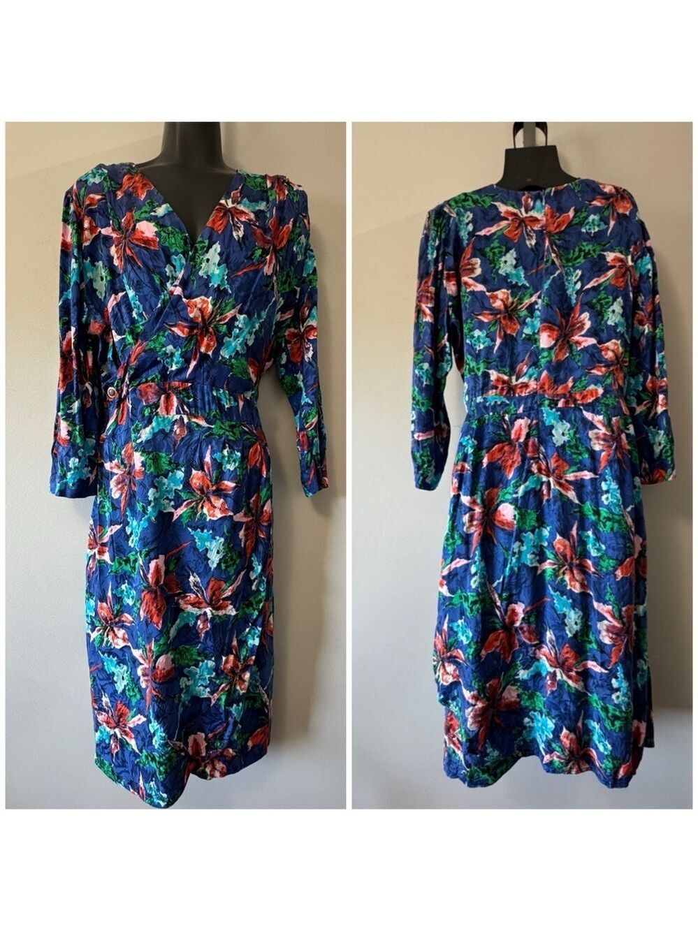 Vintage Dress Floral Wrap Dress in Blue and Red Large